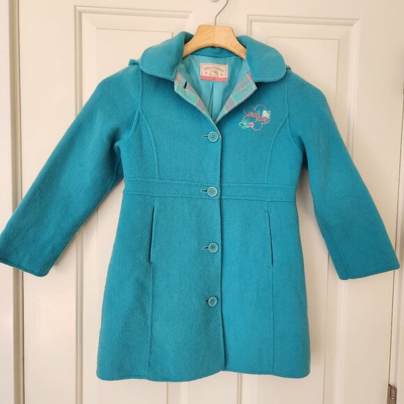 Hello Kitty Turquoise Blue Girls Coat Embroidered Plaid Dressy Cute Cat Floral 7